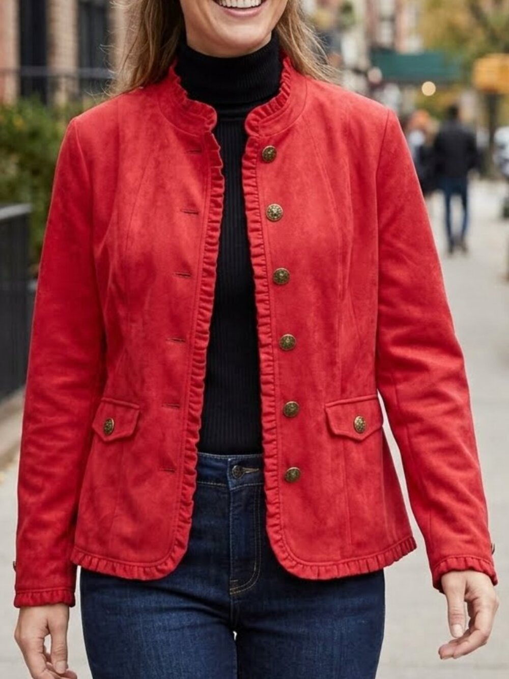 Denver Hayes Women's Red Faux Suede Jacket Blazer Ruffle Trim Size XL